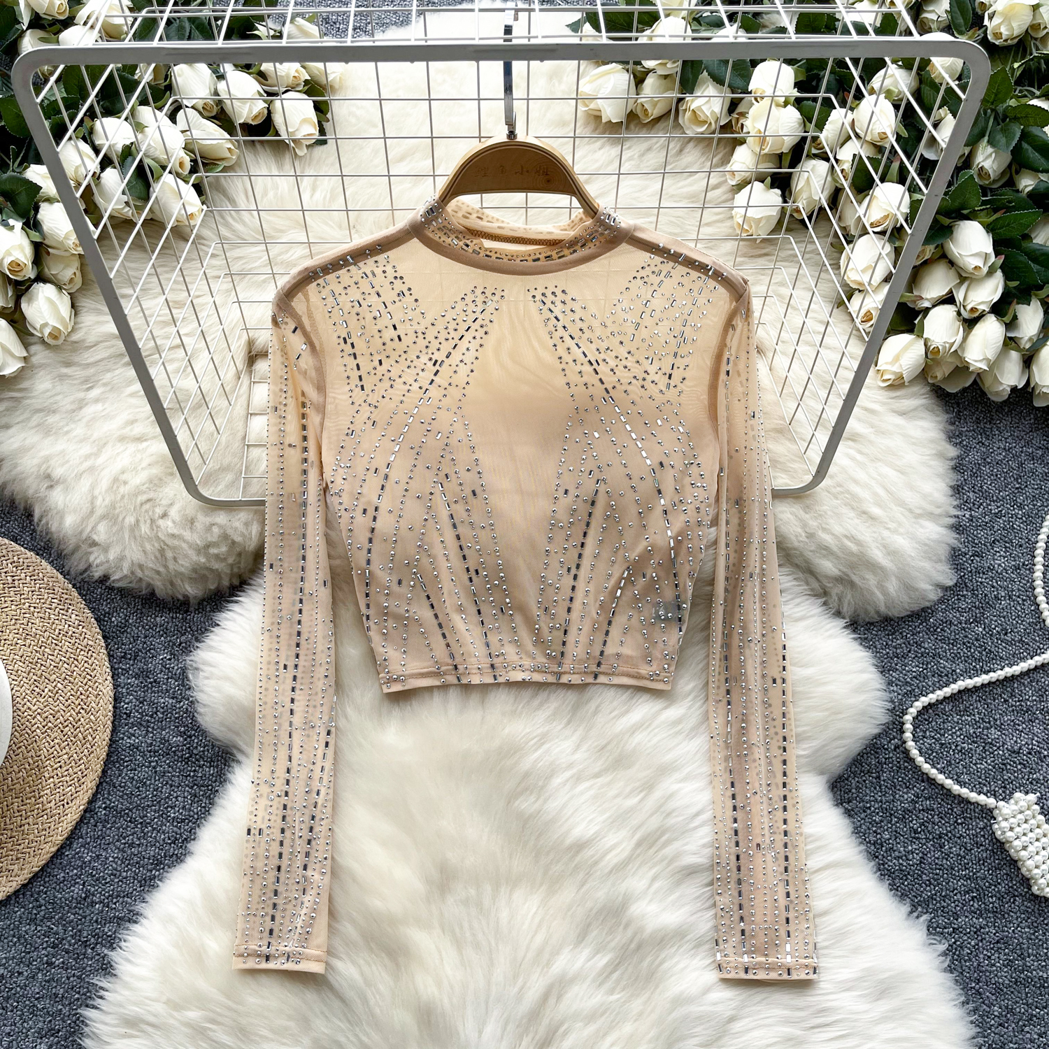 Mujeres Sexy Estrás Medio Cuello Alto Mangas Largas Malla Camiseta Prendas para el torso Recortadas - Imagen 26 de 26