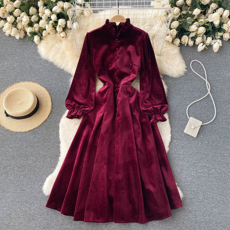 Womens Elegant Ruffles Collar Long Sleeves Slim Fit Velvet Dress Party Ball Gown - Picture 23 of 23
