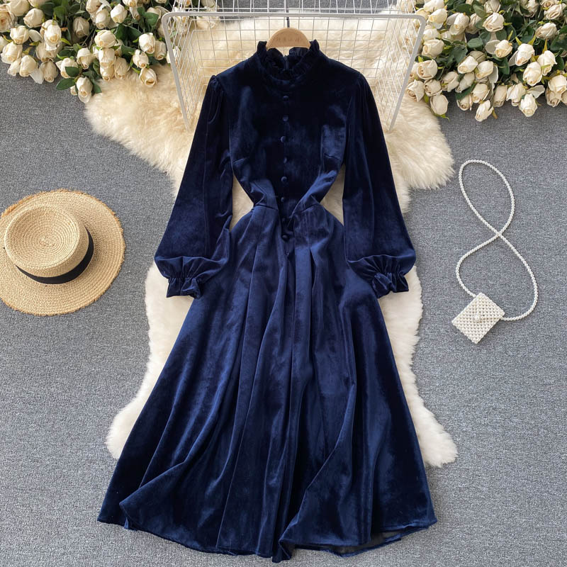 Womens Elegant Ruffles Collar Long Sleeves Slim Fit Velvet Dress Party Ball Gown - Picture 22 of 23