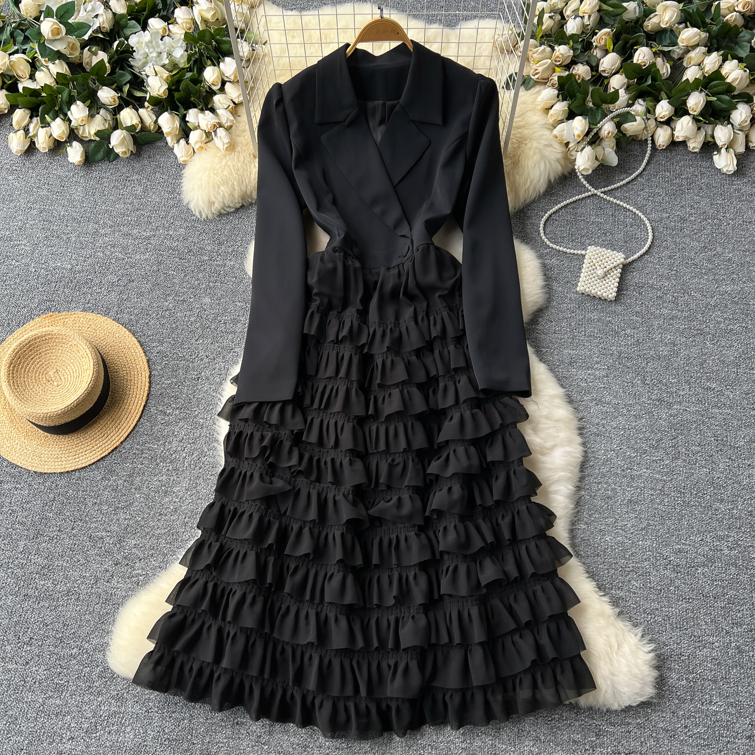 Mujer Malla En Niveles Tul Retazos Solapa Cuello Mangas Largas Blazer Vestido Fiesta - Imagen 28 de 28