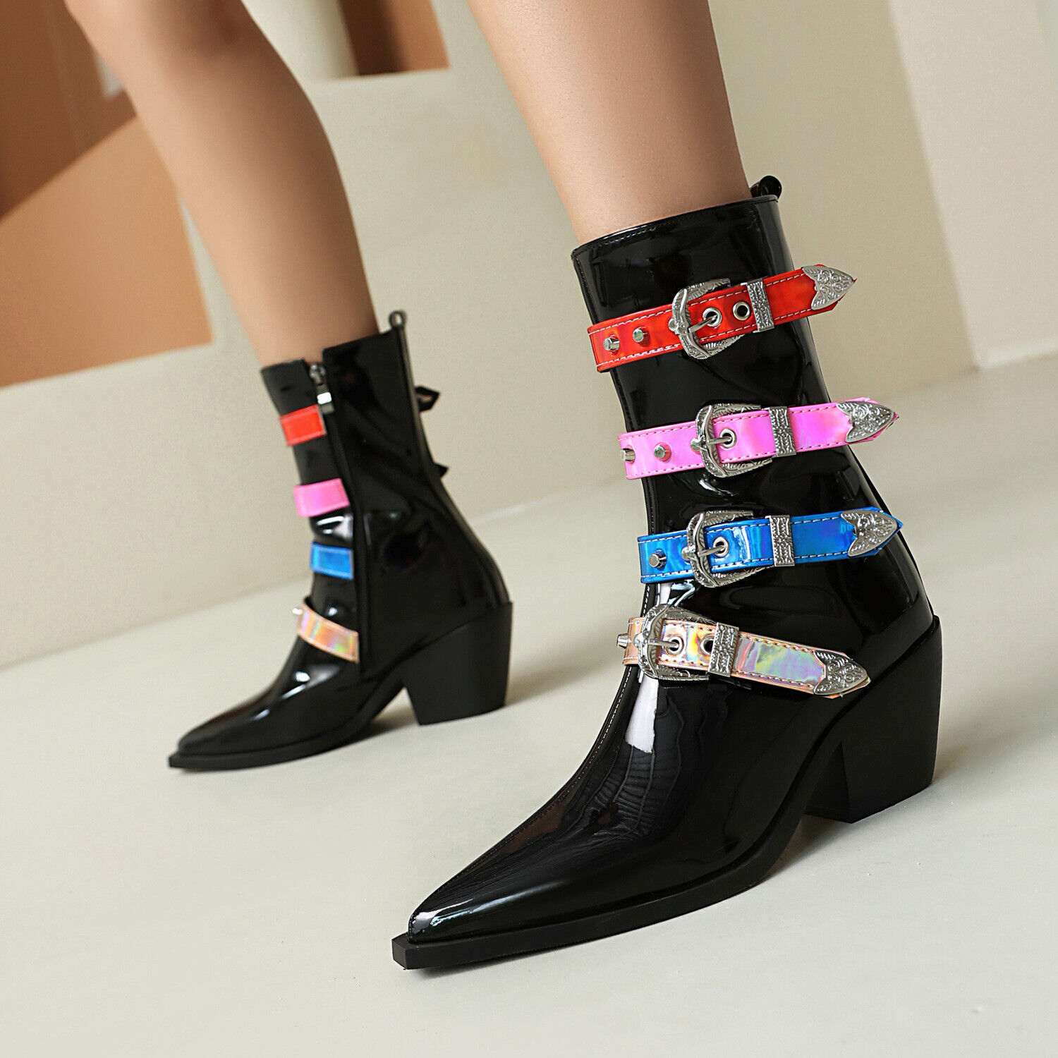 Stivaletti donna a punta borchie rivetti multi fibbia scarpe biker punk US - Foto 24 di 24