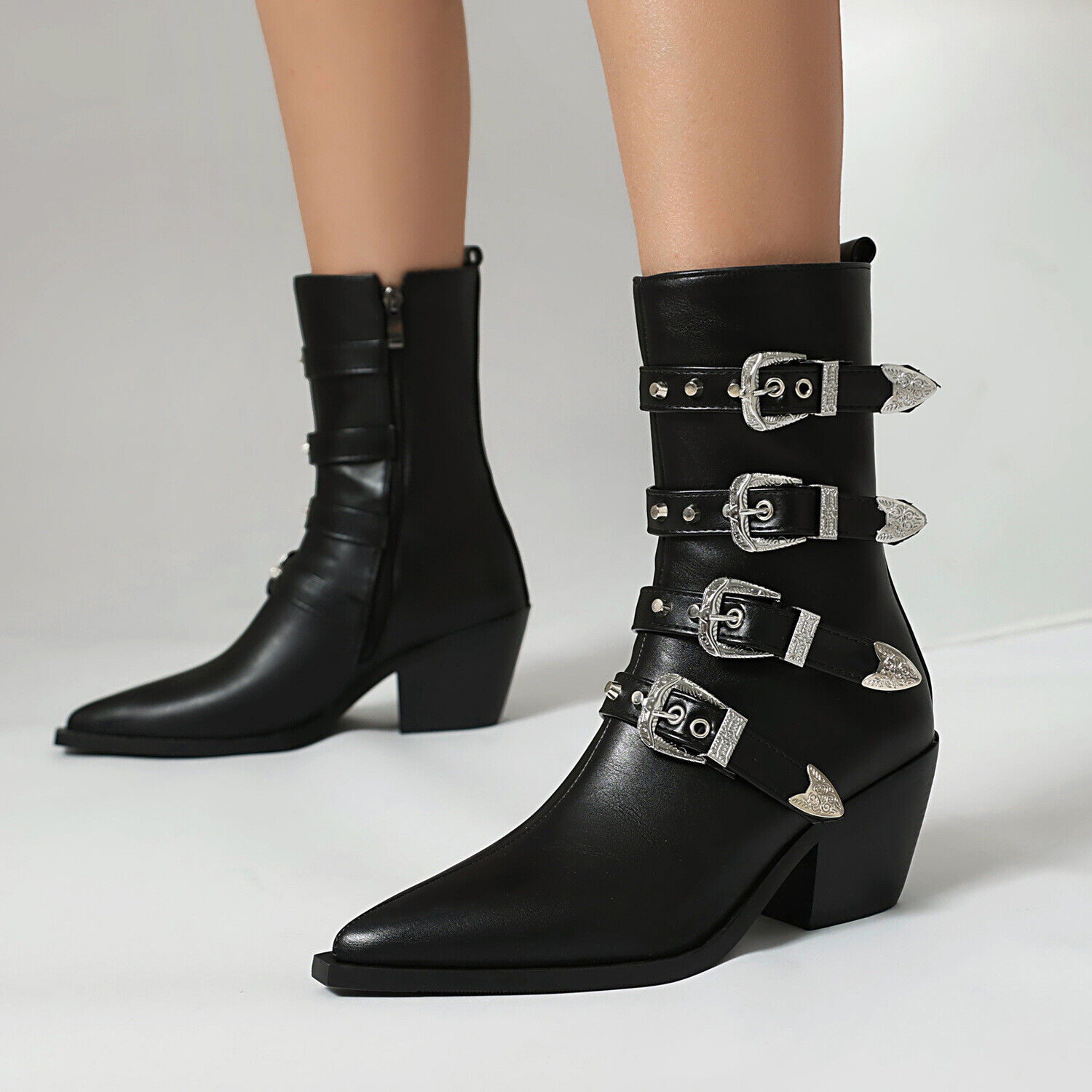Stivaletti donna a punta borchie rivetti multi fibbia scarpe biker punk US - Foto 22 di 24