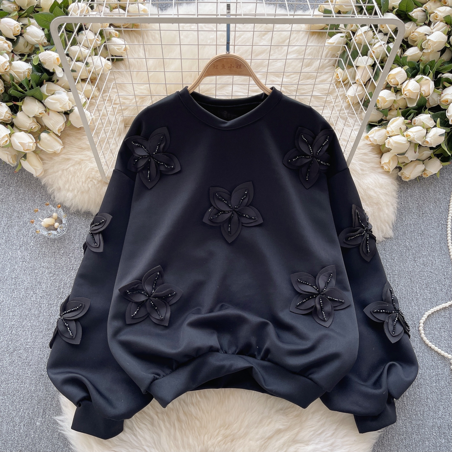 Womens Long Sleeves Sweatshirt 3D Flowers Round Neck Casual Loose Fashion Tops - Picture 25 of 26