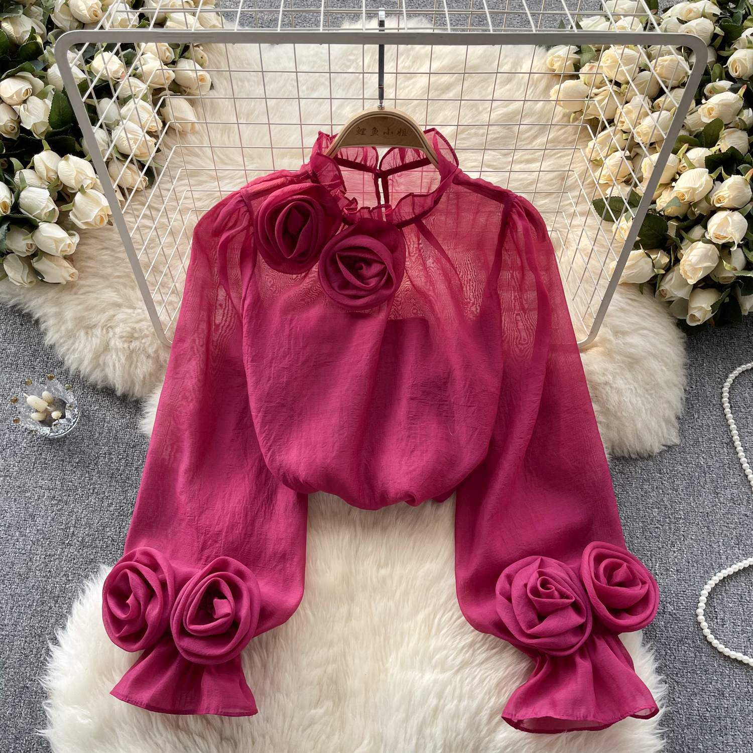 Womens 3D Flowers Ruffles Stand Collar Long Puff Sleeve Shirt