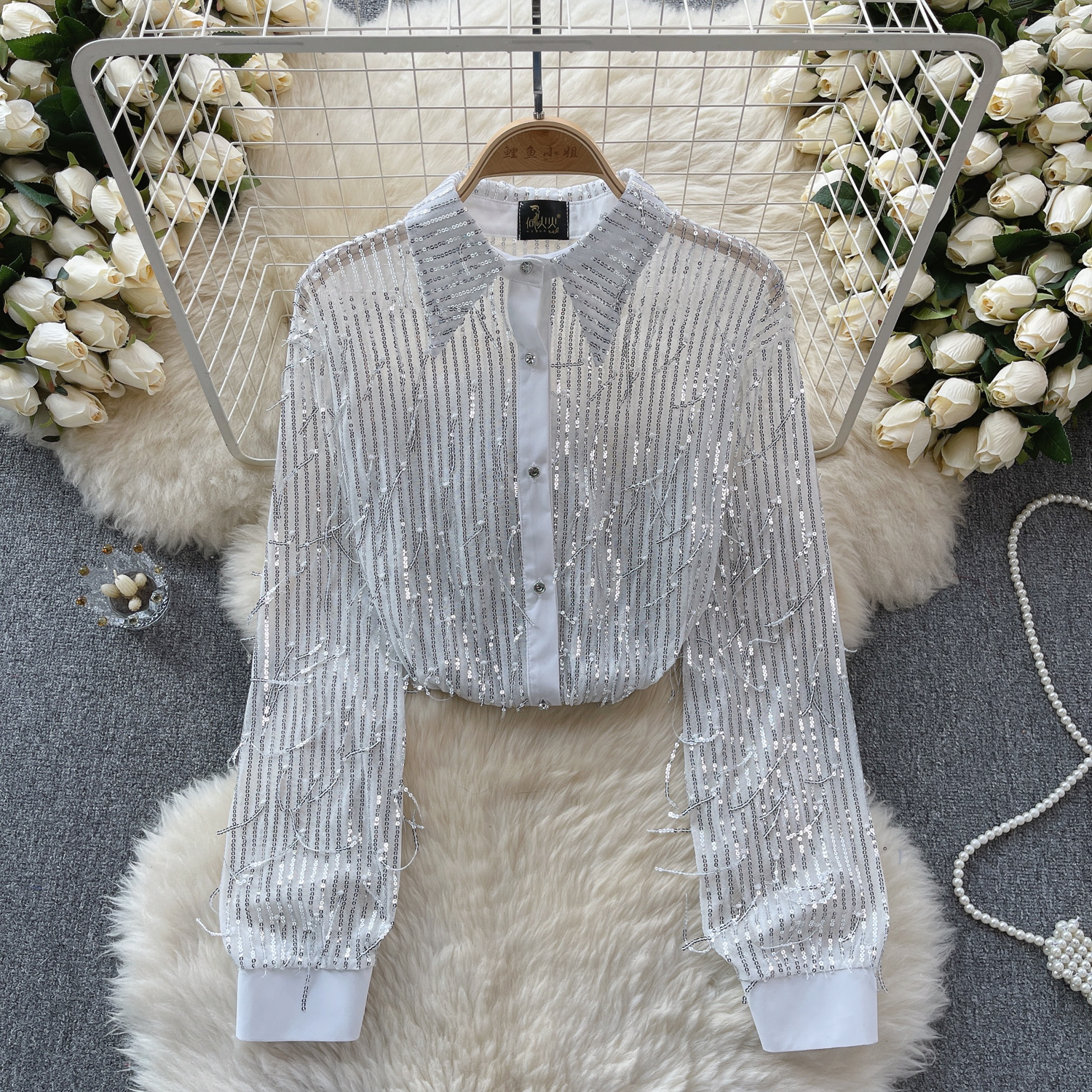 Women Lapel Collar See Through Mesh Shirt Elegant Sequin Tassel Long Sleeve Tops - Picture 26 of 29