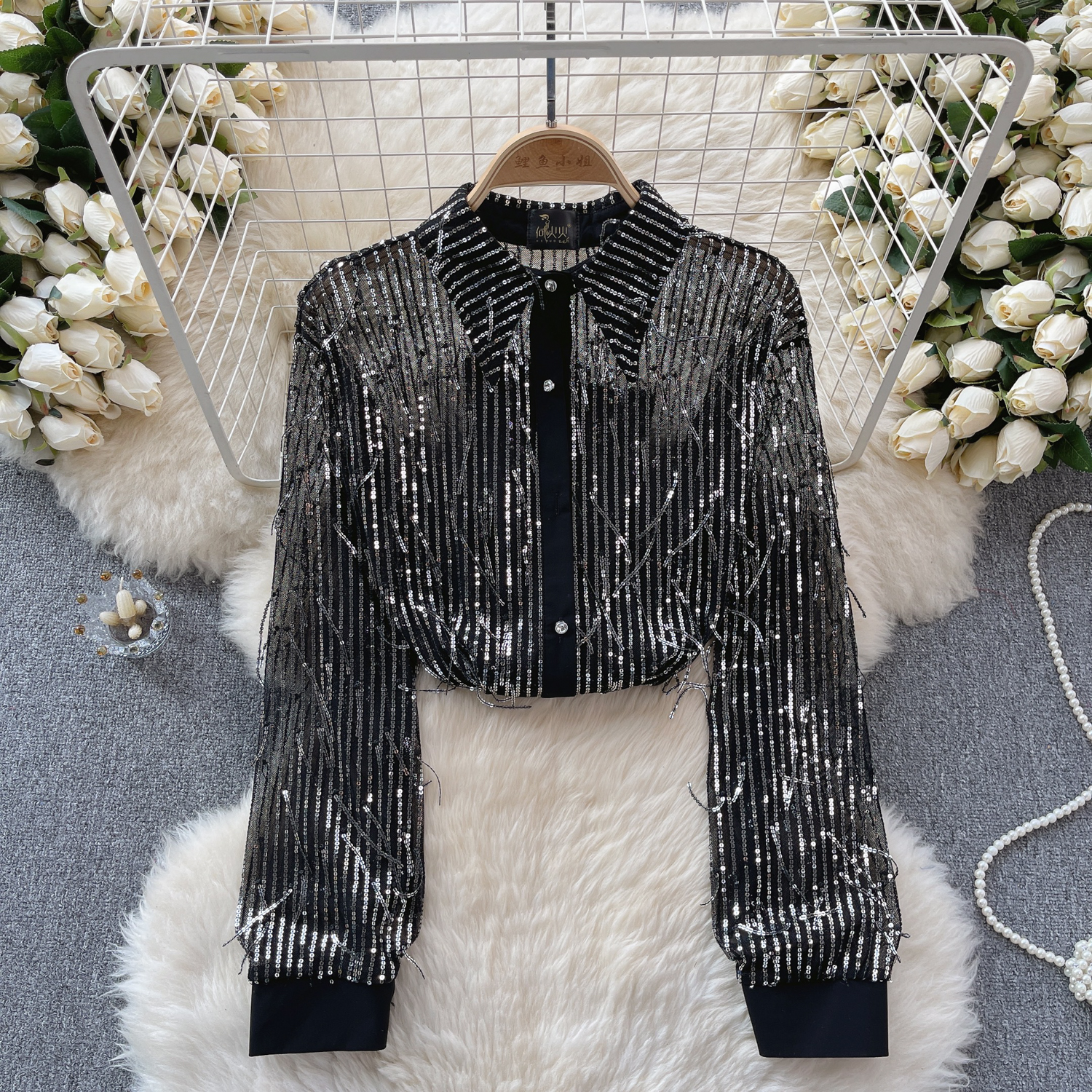 Women Lapel Collar See Through Mesh Shirt Elegant Sequin Tassel Long Sleeve Tops - Picture 27 of 29
