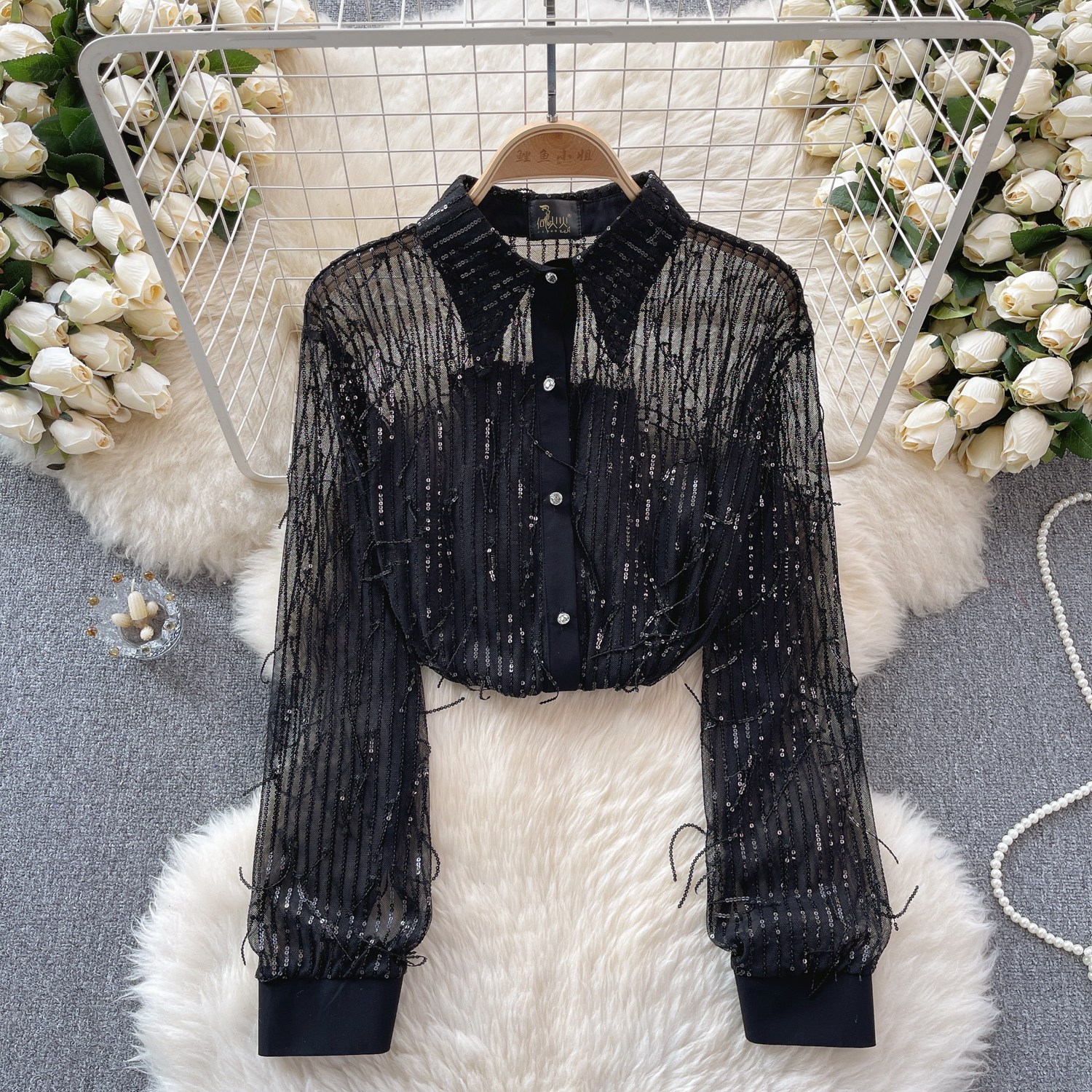 Women Lapel Collar See Through Mesh Shirt Elegant Sequin Tassel Long Sleeve Tops - Picture 28 of 29