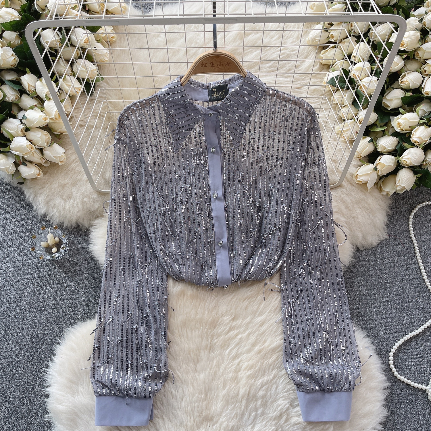 Women Lapel Collar See Through Mesh Shirt Elegant Sequin Tassel Long Sleeve Tops - Picture 25 of 29