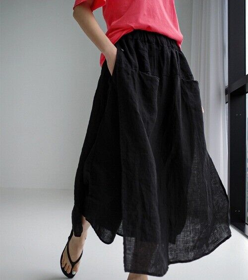 Women's Spring Summer Loose Casual Cropped Pants Linen Wide-leg Slit Trousers - Picture 26 of 26