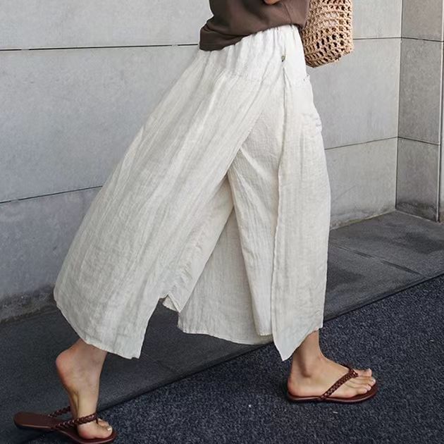 Women's Spring Summer Loose Casual Cropped Pants Linen Wide-leg Slit Trousers - Picture 25 of 26