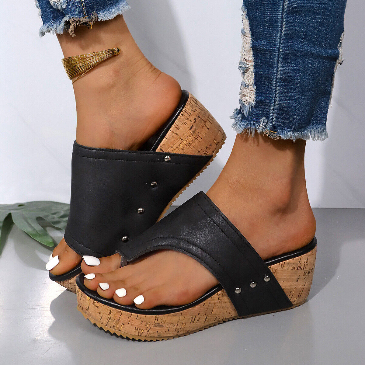 Sandali donna zeppa punta clip suola venatura legno plateau casual outdoor slide - Foto 1 di 19