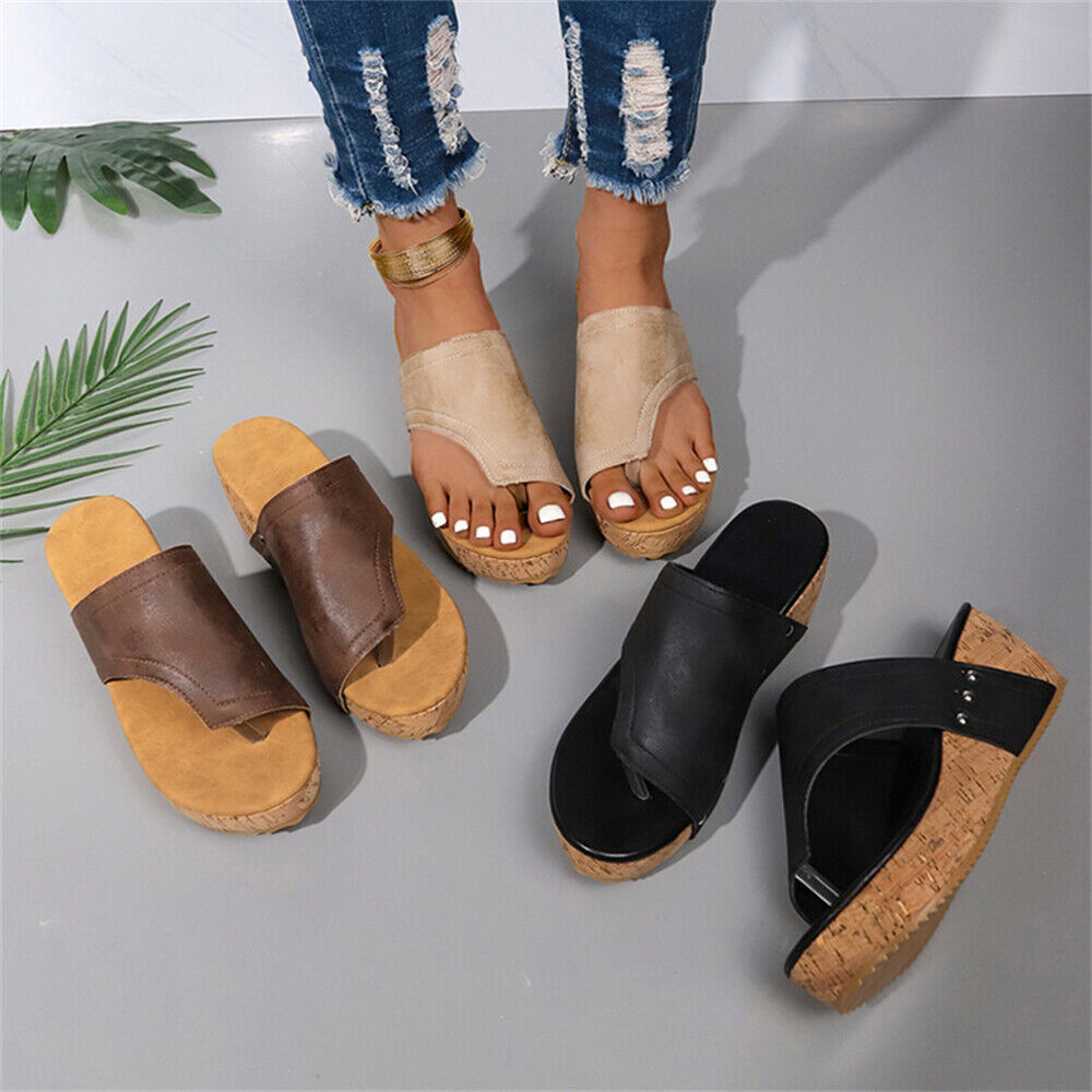 Sandali donna zeppa punta clip suola venatura legno plateau casual outdoor slide - Foto 6 di 19