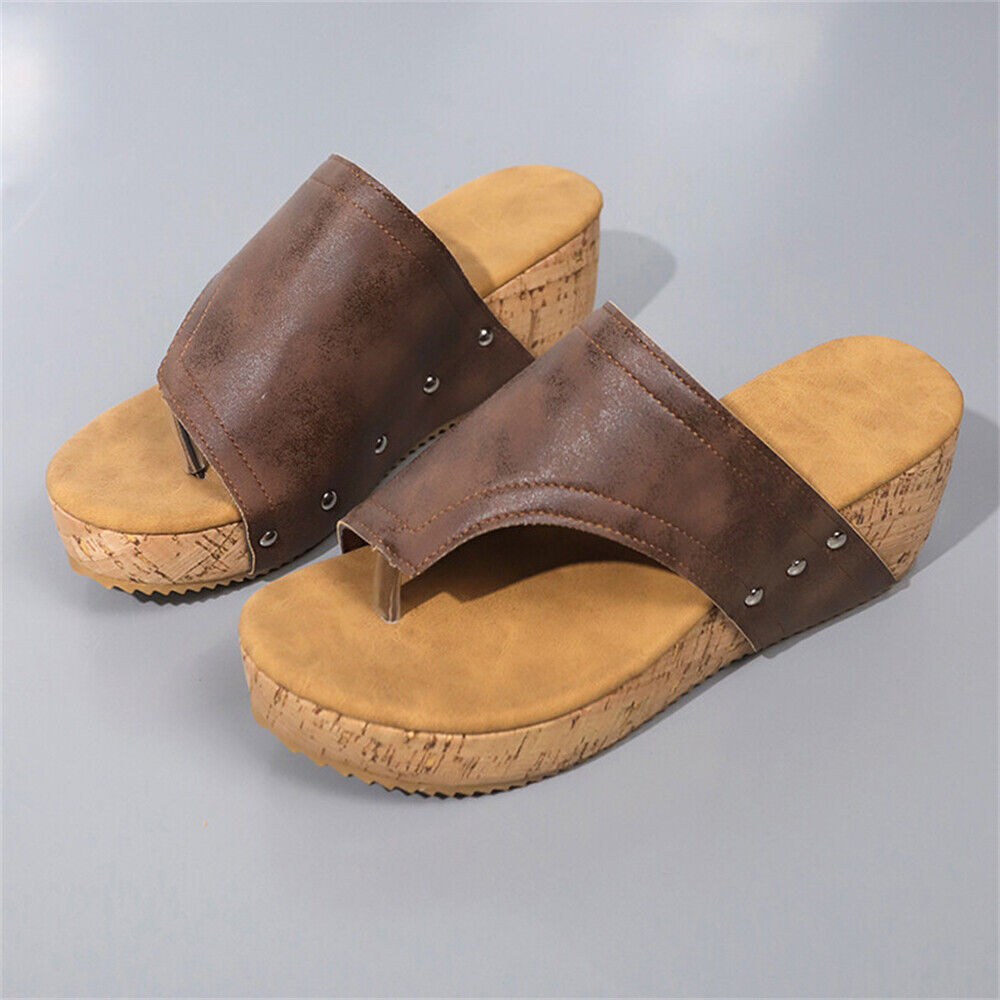 Sandali donna zeppa punta clip suola venatura legno plateau casual outdoor slide - Foto 7 di 19