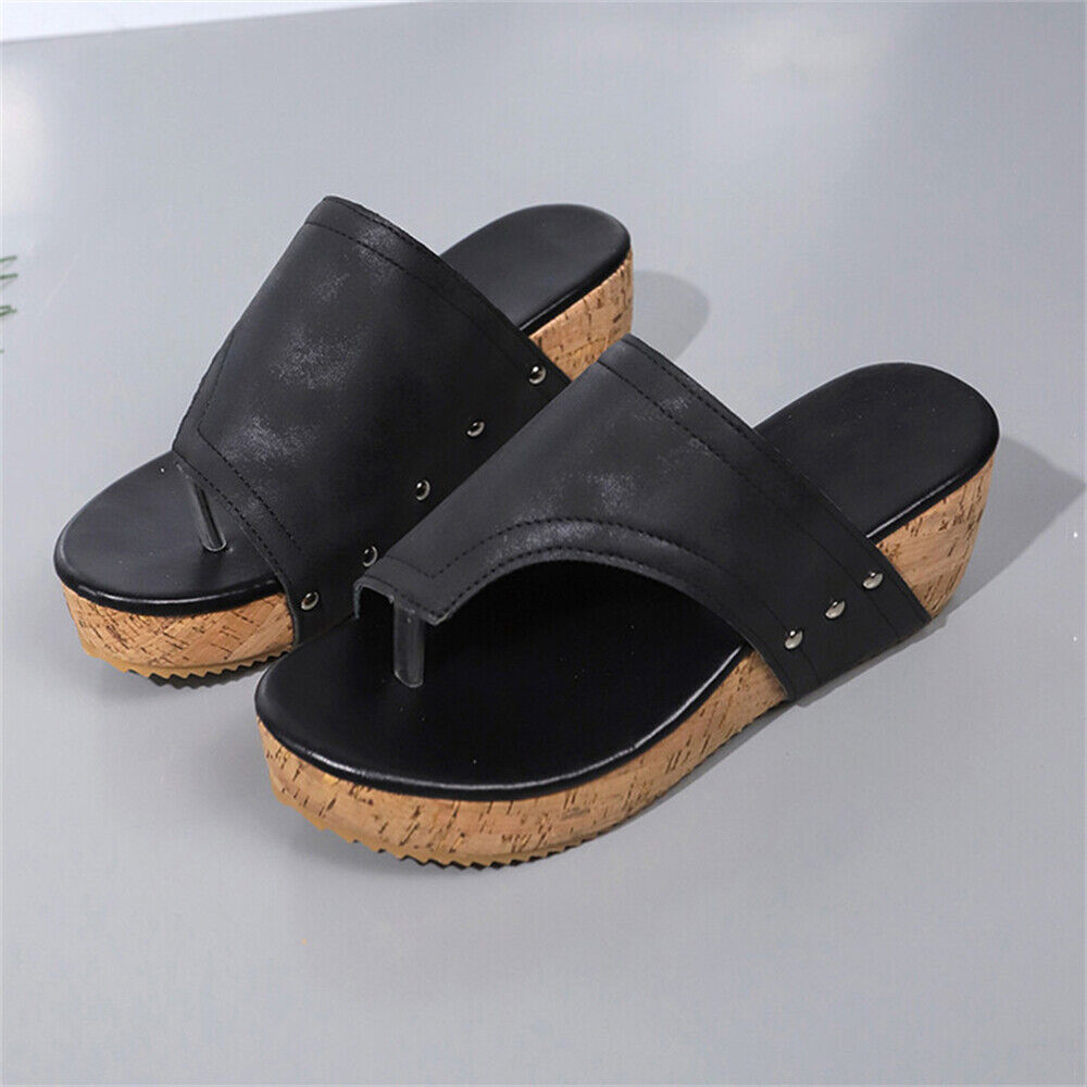 Sandali donna zeppa punta clip suola venatura legno plateau casual outdoor slide - Foto 13 di 19