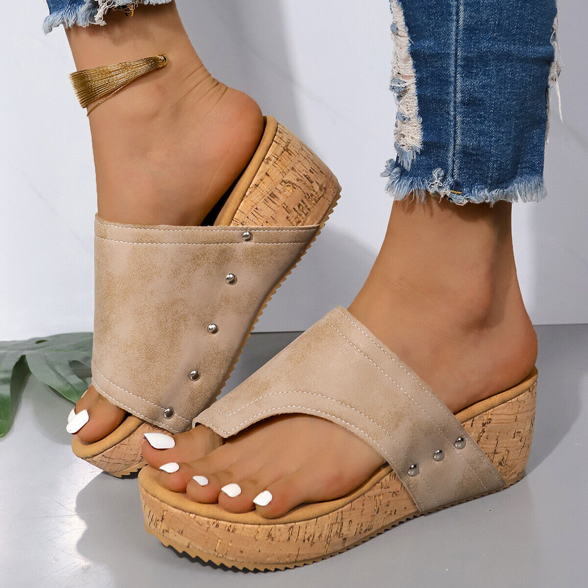 Sandali donna zeppa punta clip suola venatura legno plateau casual outdoor slide - Foto 14 di 19