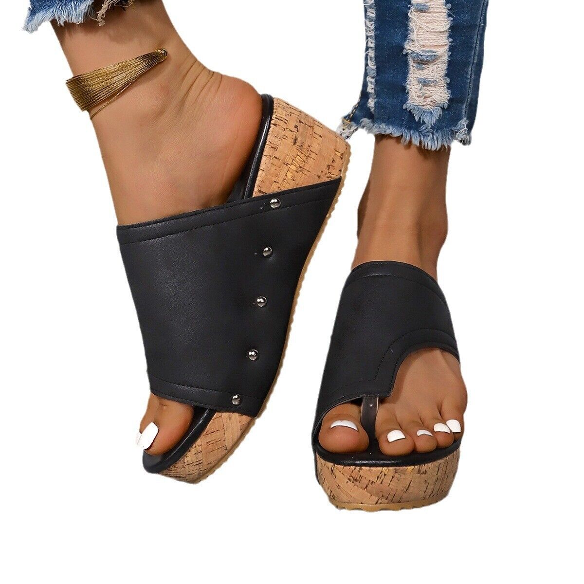 Sandali donna zeppa punta clip suola venatura legno plateau casual outdoor slide - Foto 15 di 19