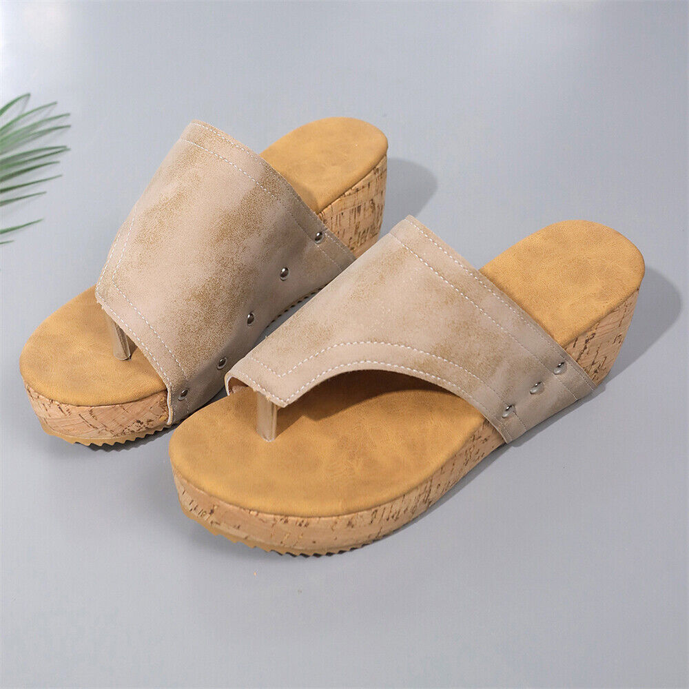 Sandali donna zeppa punta clip suola venatura legno plateau casual outdoor slide - Foto 16 di 19