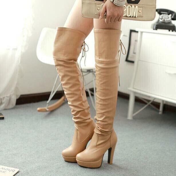 Women Back Lace Up Winter High Heel Platform Over The Knee High Thigh Boots - Picture 16 of 16