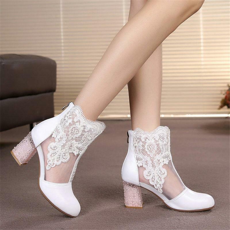 Mujeres Encaje Flor Cuero Botines Estrás Malla Zapatos Boda Fiesta Bombas - Imagen 18 de 20