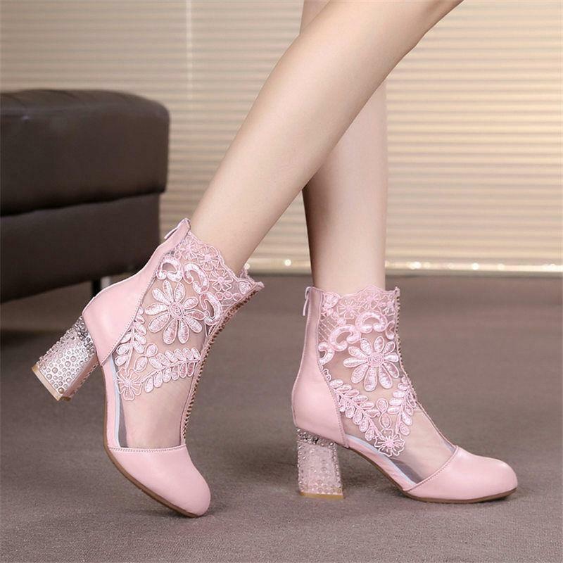 Mujeres Encaje Flor Cuero Botines Estrás Malla Zapatos Boda Fiesta Bombas - Imagen 19 de 20