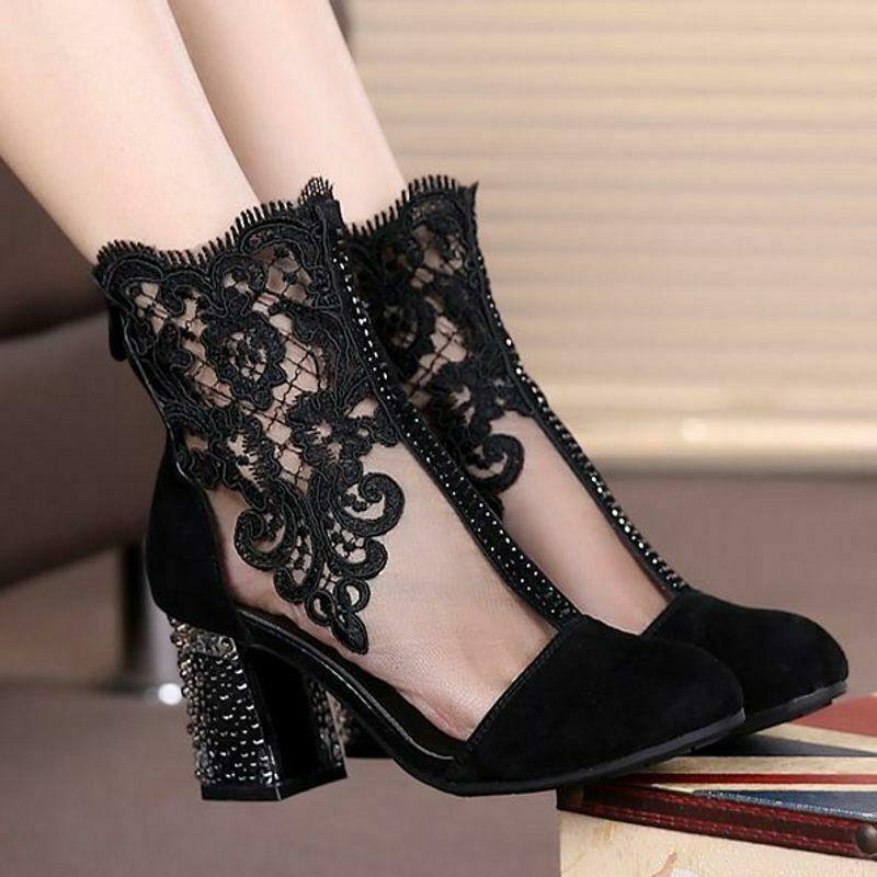 Mujeres Encaje Flor Cuero Botines Estrás Malla Zapatos Boda Fiesta Bombas - Imagen 17 de 20