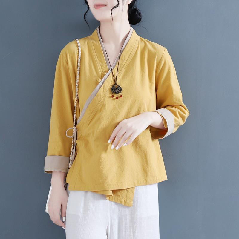 Womens Chinese Style Faux Linen V Neck Lace Up Long Sleeves Shirt Casual Tops