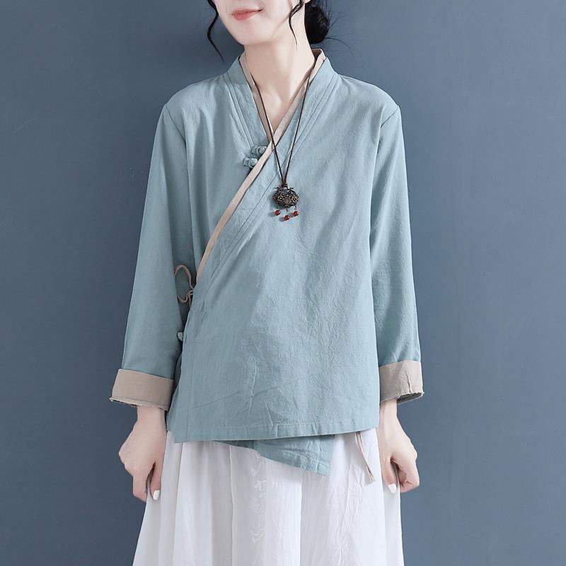 Womens Chinese Style Faux Linen V Neck Lace Up Long Sleeves Shirt Casual Tops