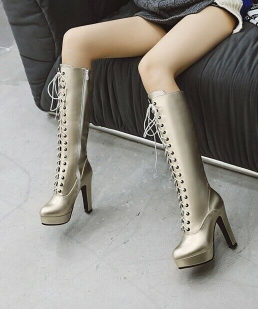 Botas hasta la rodilla de tacón ancho con punta redonda para mujer Zapatos de plataforma de encaje para montar - Imagen 15 de 16