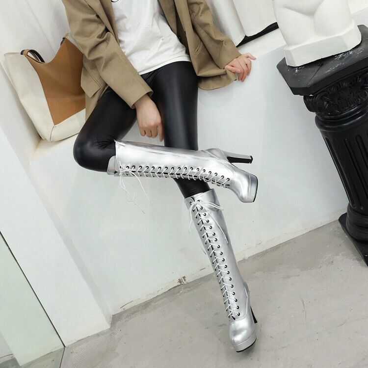 Botas hasta la rodilla de tacón ancho con punta redonda para mujer Zapatos de plataforma de encaje para montar - Imagen 16 de 16