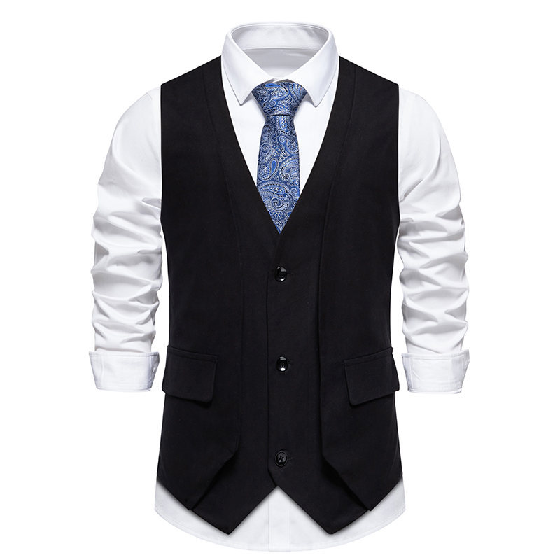 Spring/Fall Waistcoat Solid Color Retro V-neck Fake Two Men's Suit Vest Tank Top