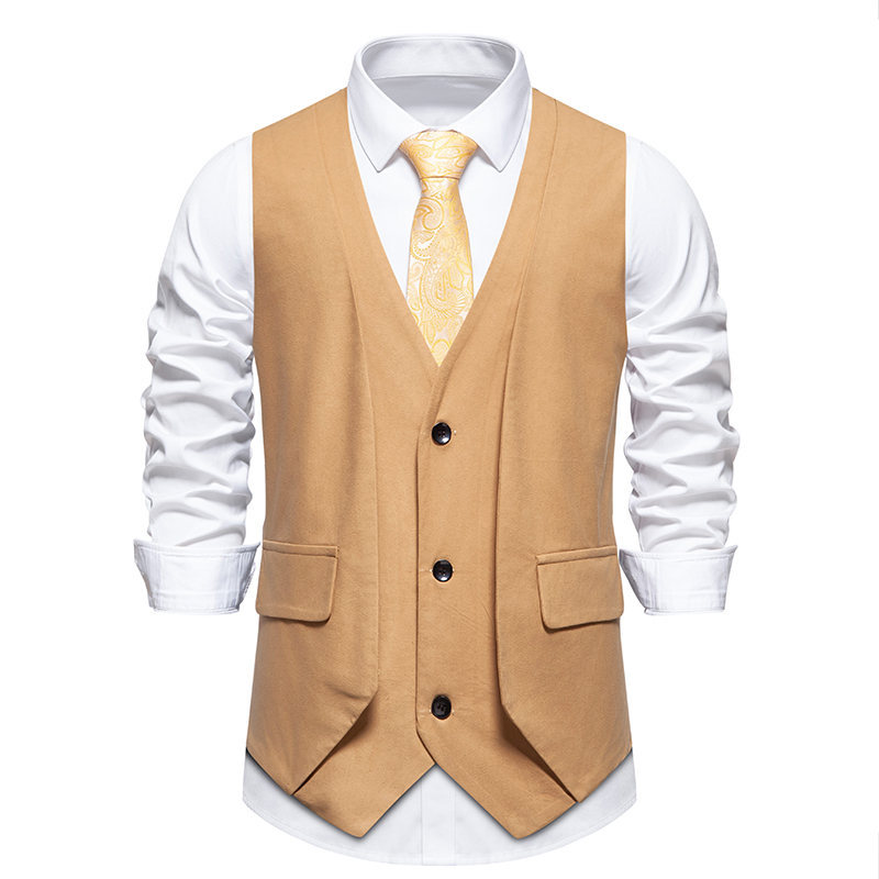 Spring/Fall Waistcoat Solid Color Retro V-neck Fake Two Men's Suit Vest Tank Top