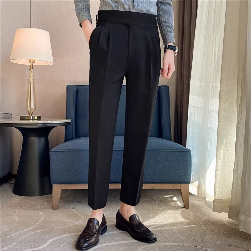 Men British Business Dress Pants Retro High Waist Naples Trouser Work Suit-Pants