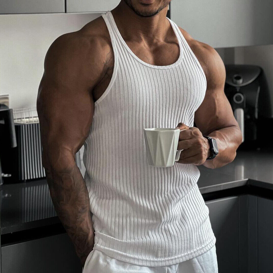 Camiseta sin mangas de verano tejida a rayas verticales ajuste físico para hombre en forma de I - Imagen 25 de 32