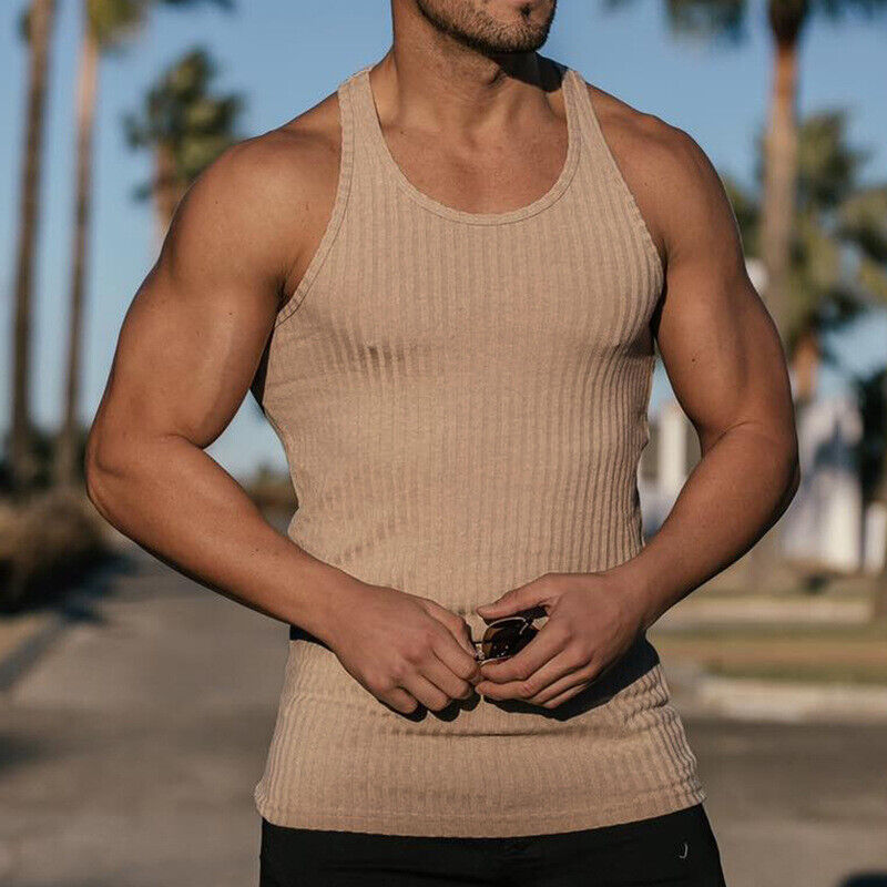 Camiseta sin mangas de verano tejida a rayas verticales ajuste físico para hombre en forma de I - Imagen 27 de 32
