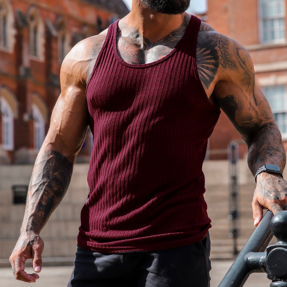 Camiseta sin mangas de verano tejida a rayas verticales ajuste físico para hombre en forma de I - Imagen 32 de 32
