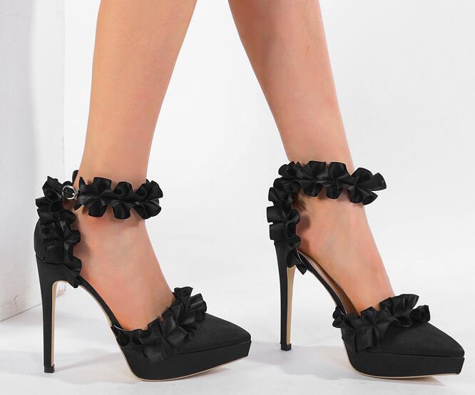 Mujeres Moda Verano Punta Punta Punta Volantes Tobillo Correa Zapatos Sexy Bombas Tacones Altos - Imagen 18 de 19