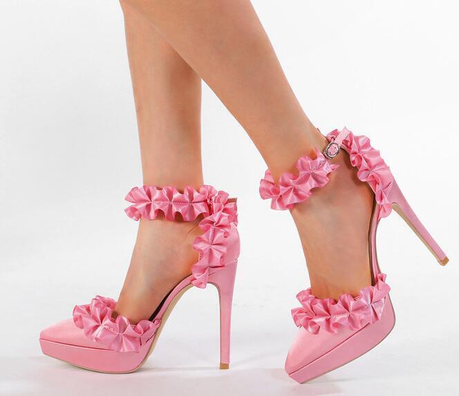 Mujeres Moda Verano Punta Punta Punta Volantes Tobillo Correa Zapatos Sexy Bombas Tacones Altos - Imagen 19 de 19