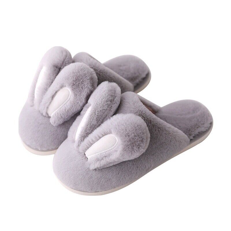 Women Men Faux Fur Fluffy Bunny Ear Slip On Slipper Furry Lined Flats Shoes Soft