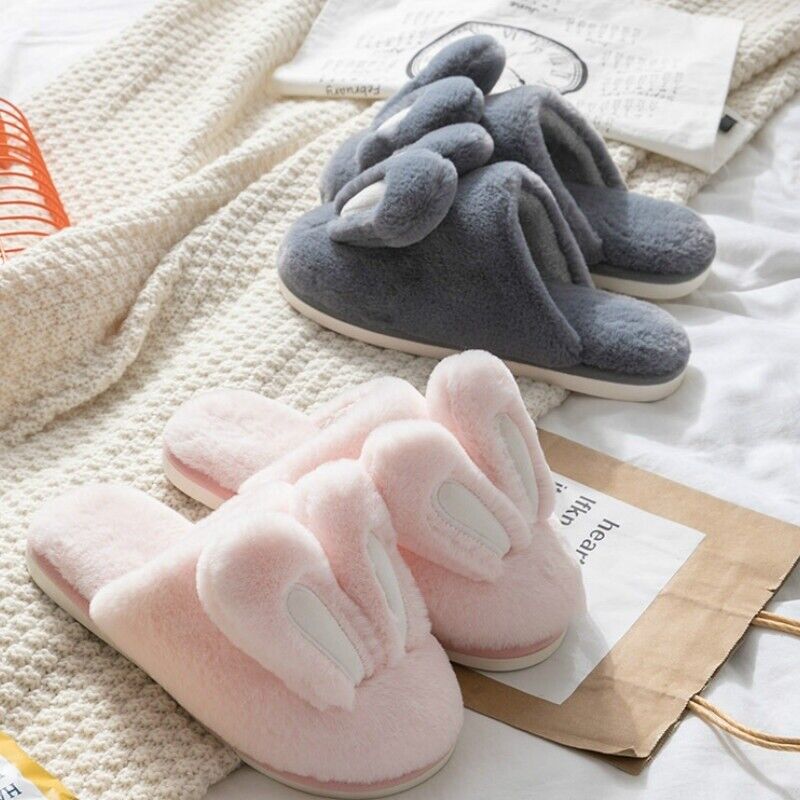 Women Men Faux Fur Fluffy Bunny Ear Slip On Slipper Furry Lined Flats Shoes Soft