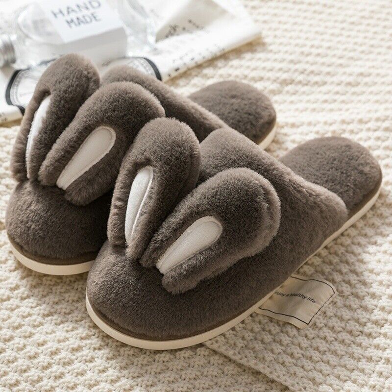 Women Men Faux Fur Fluffy Bunny Ear Slip On Slipper Furry Lined Flats Shoes Soft