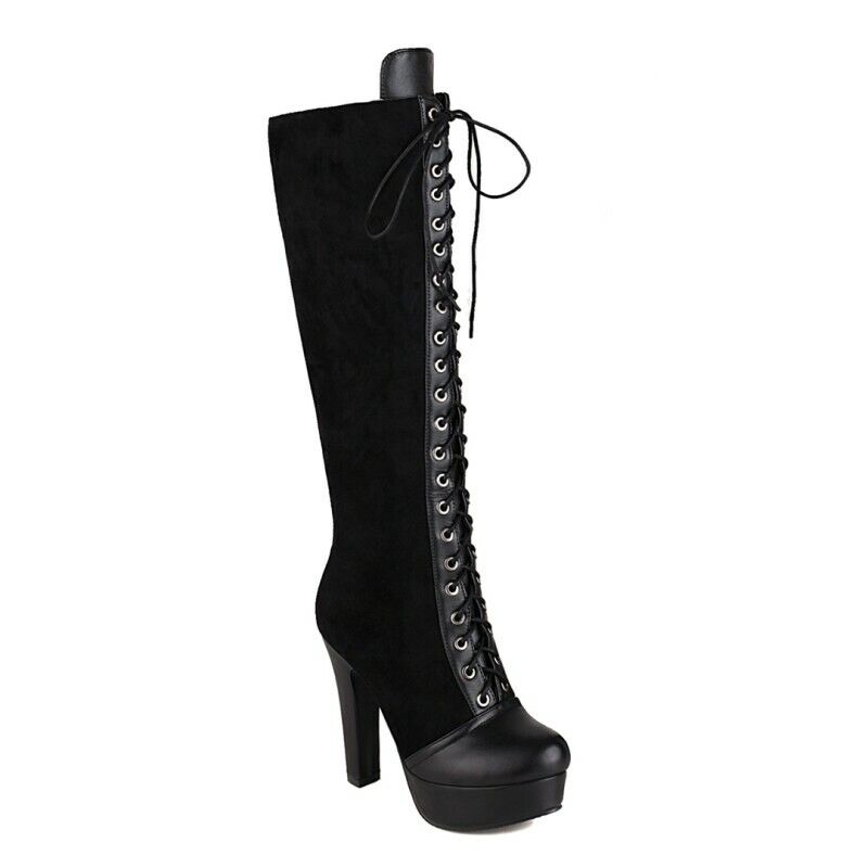 Womens Knee High Boots High Block Platform Heels Round Toe Lace Up Zipper Shoes - Picture 16 of 17