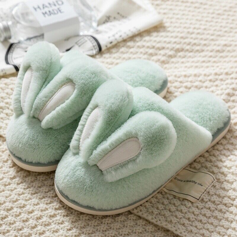 Women Men Faux Fur Fluffy Bunny Ear Slip On Slipper Furry Lined Flats Shoes Soft