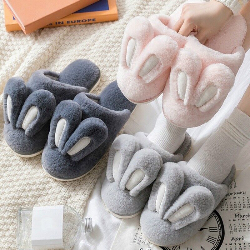 Women Men Faux Fur Fluffy Bunny Ear Slip On Slipper Furry Lined Flats Shoes Soft