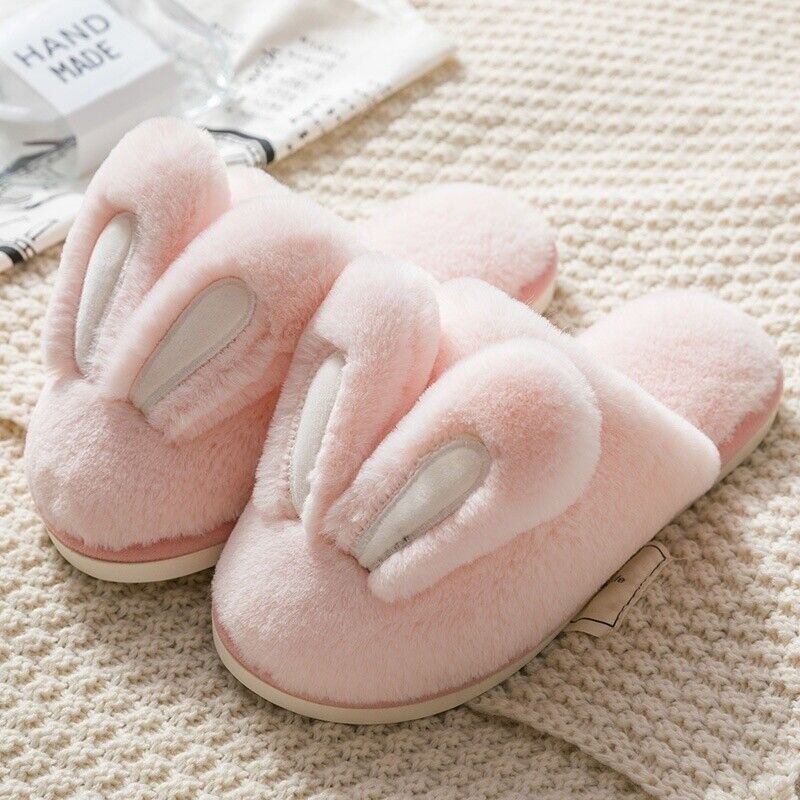 Women Men Faux Fur Fluffy Bunny Ear Slip On Slipper Furry Lined Flats Shoes Soft