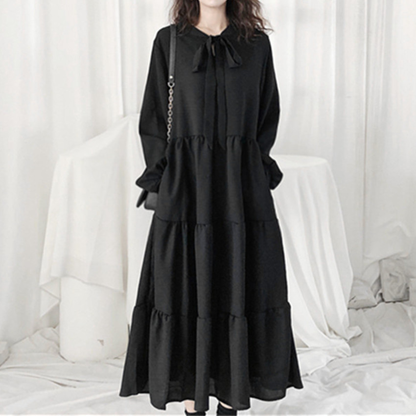 Womens Loose Fashion Necktie Bow Knot Long Sleeves Chiffon Dress Cocktail Party