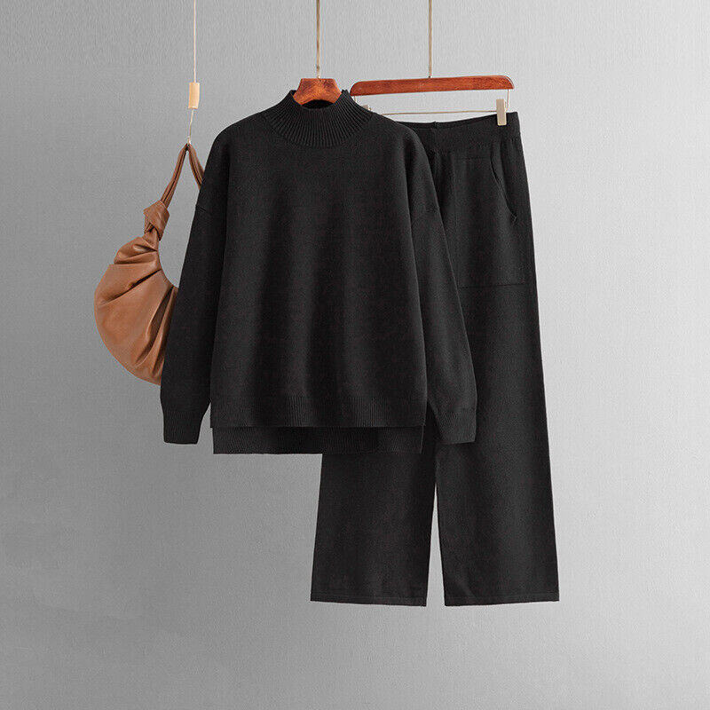 Maglione donna 2 pezzi mezzo collo alto spacco laterale maglia pantaloni larghi gambe larghe larghe larghe - Foto 25 di 29