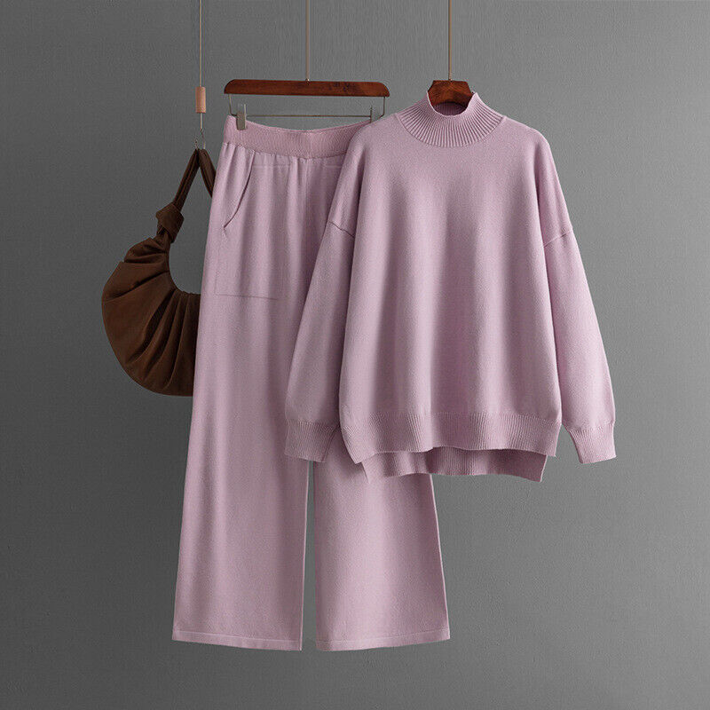 Maglione donna 2 pezzi mezzo collo alto spacco laterale maglia pantaloni larghi gambe larghe larghe larghe - Foto 26 di 29