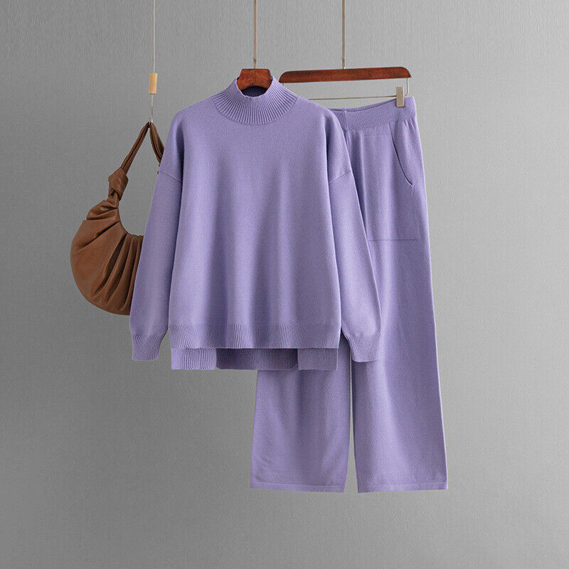 Maglione donna 2 pezzi mezzo collo alto spacco laterale maglia pantaloni larghi gambe larghe larghe larghe - Foto 27 di 29