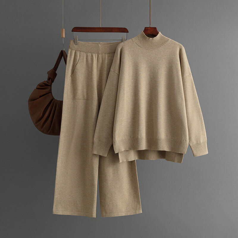 Maglione donna 2 pezzi mezzo collo alto spacco laterale maglia pantaloni larghi gambe larghe larghe larghe - Foto 28 di 29