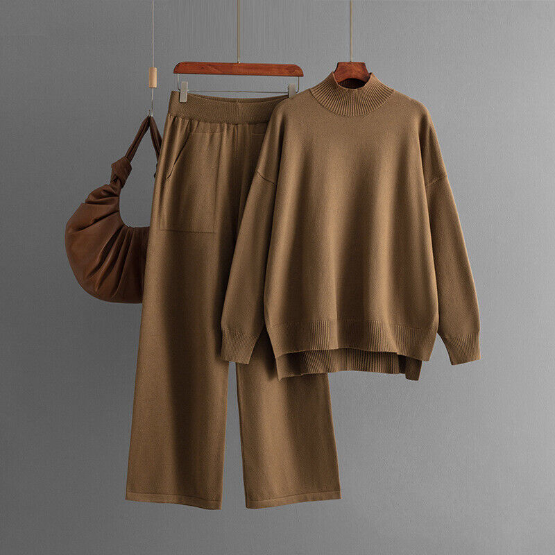 Maglione donna 2 pezzi mezzo collo alto spacco laterale maglia pantaloni larghi gambe larghe larghe larghe - Foto 29 di 29